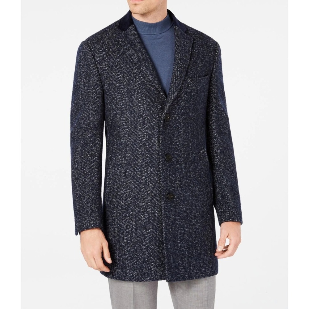 NWOT TALLIA Mens Blazer Jacket Overcoat Blue Herringbone Bird Print Lining‎ Sz M